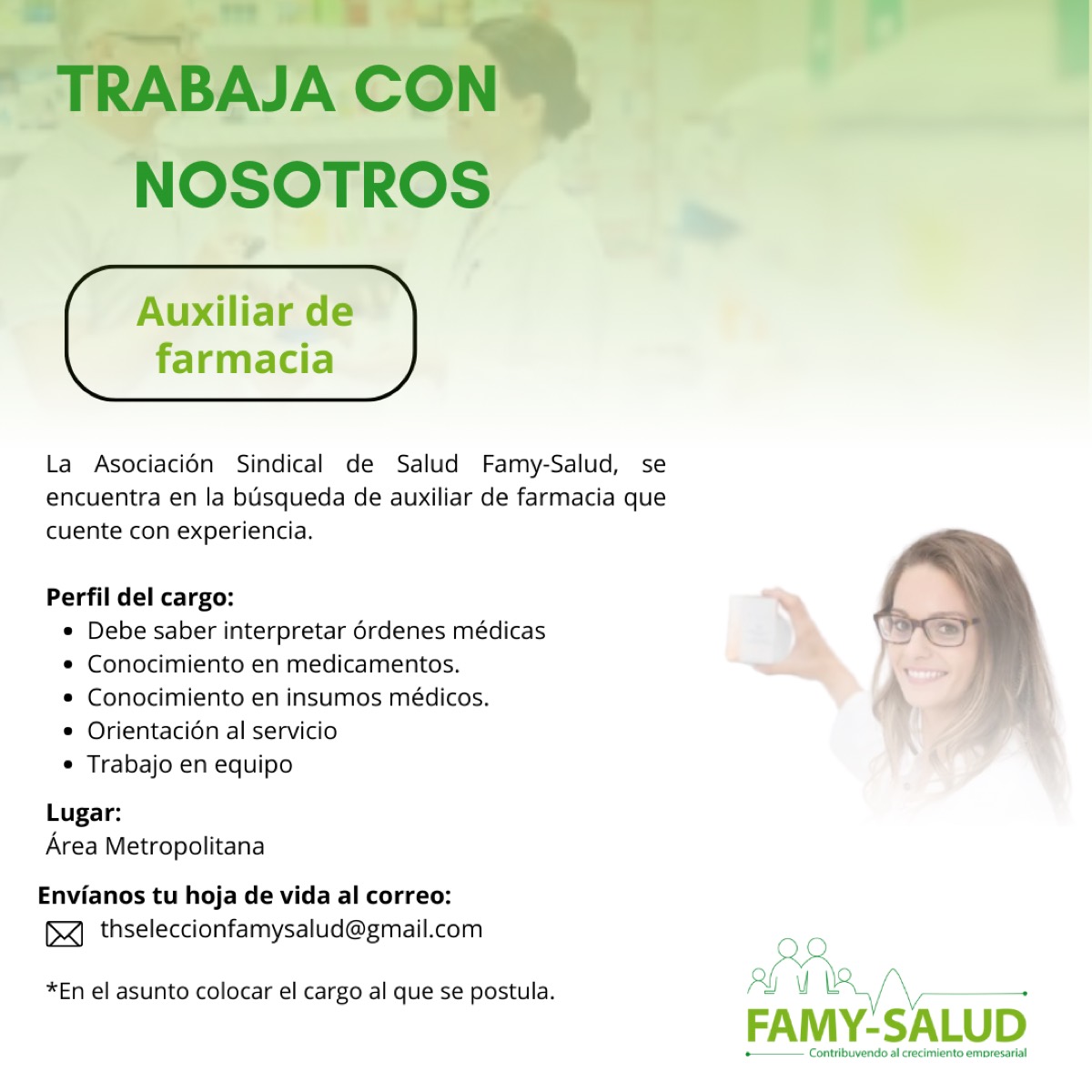 Imagen de la publicación: Convocatoria: Auxiliar de farmacia
