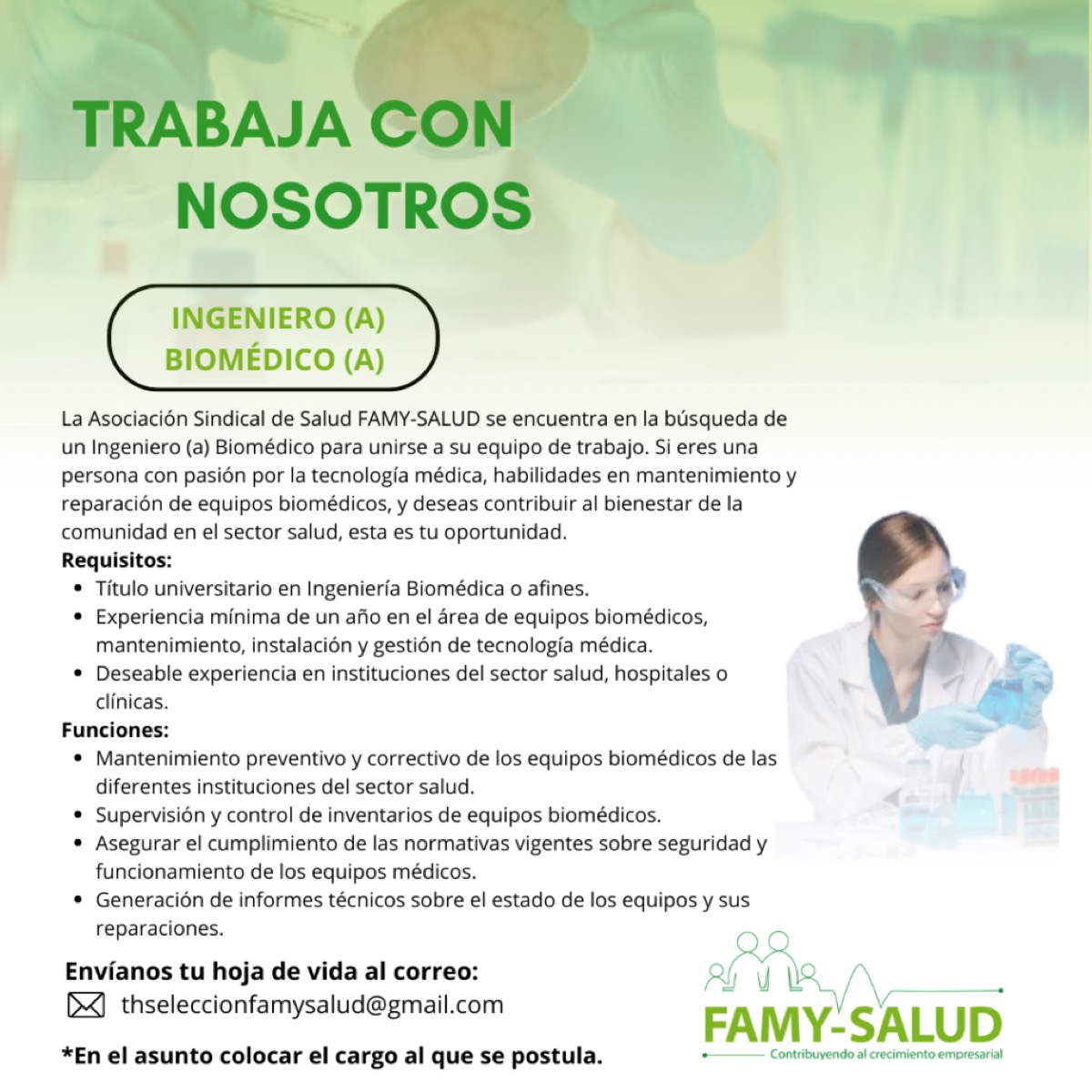 Imagen de la publicación: Convocatoria: Ingeniero (a) biomédico (a)