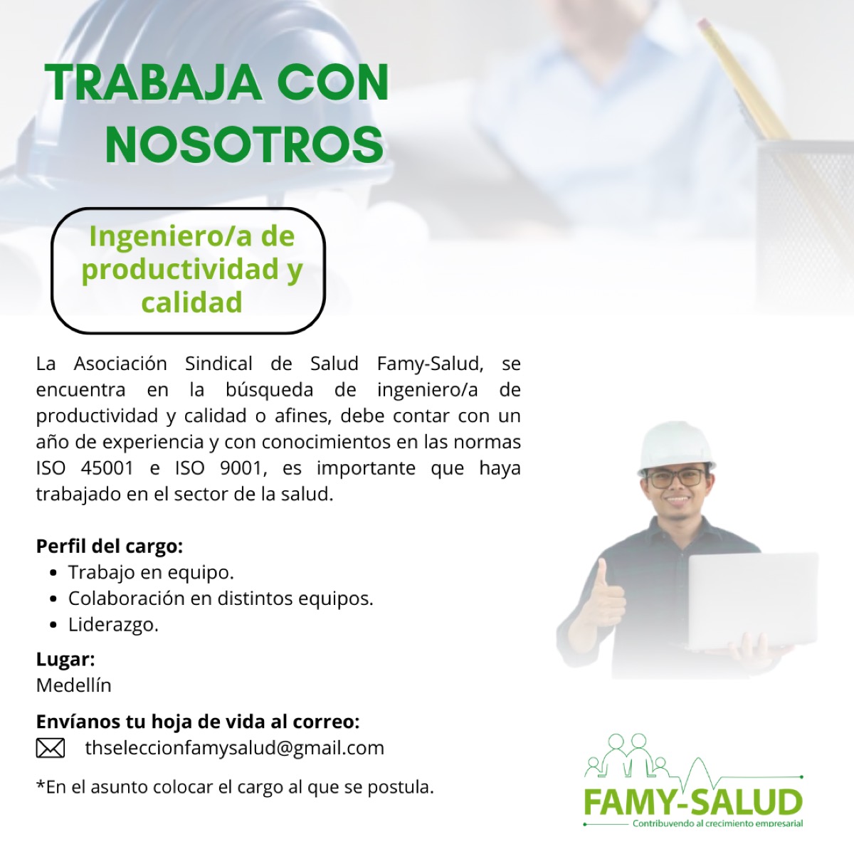 Cartel de la convocatoria «Convocatoria: Ingeniero/a de productividad y calidad (cerrada)», ya cerrada