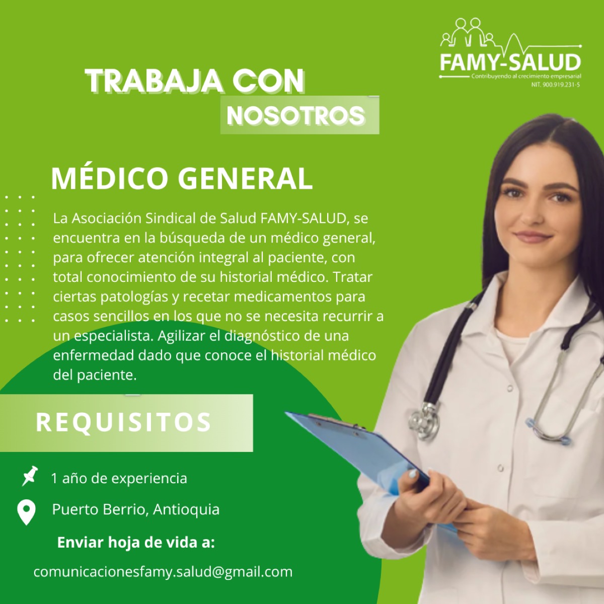 Cartel de la convocatoria «Convocatoria: Médico general (Cerrada)», ya cerrada