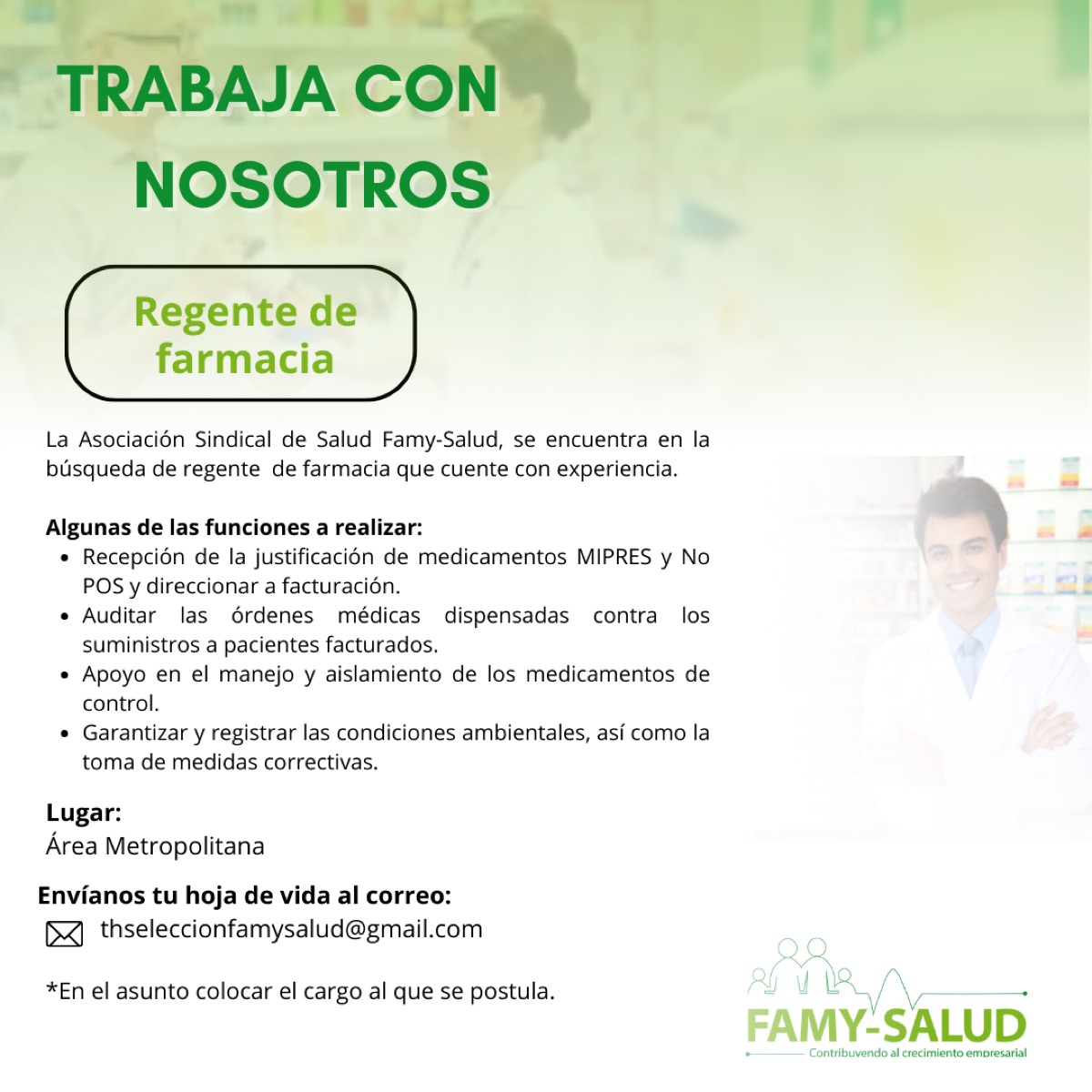 Imagen de la publicación: Convocatoria: Regente de farmacia