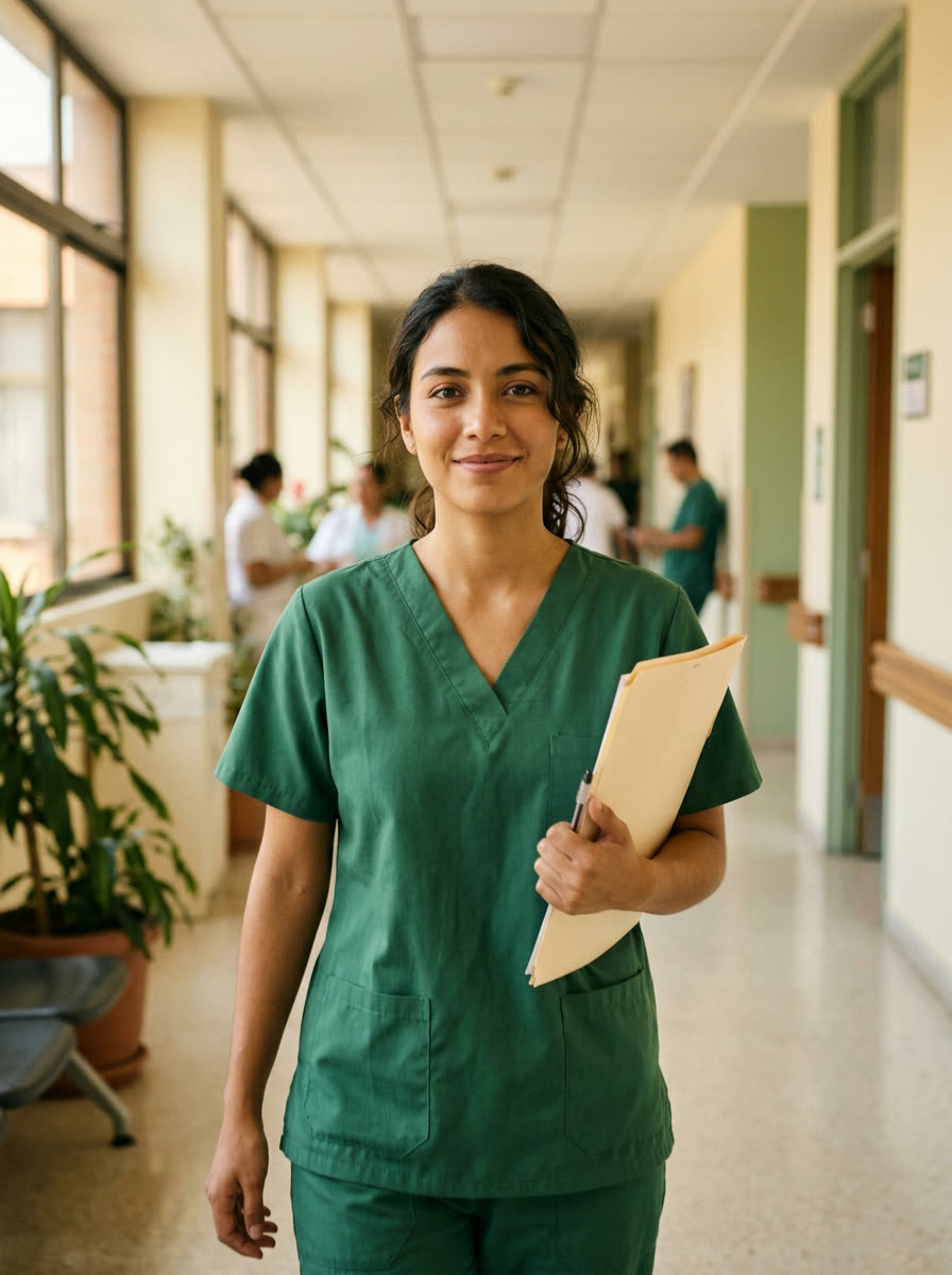 Imagen ilustrativa: joven profesional de la salud con una carpeta en un pasillo de hospital