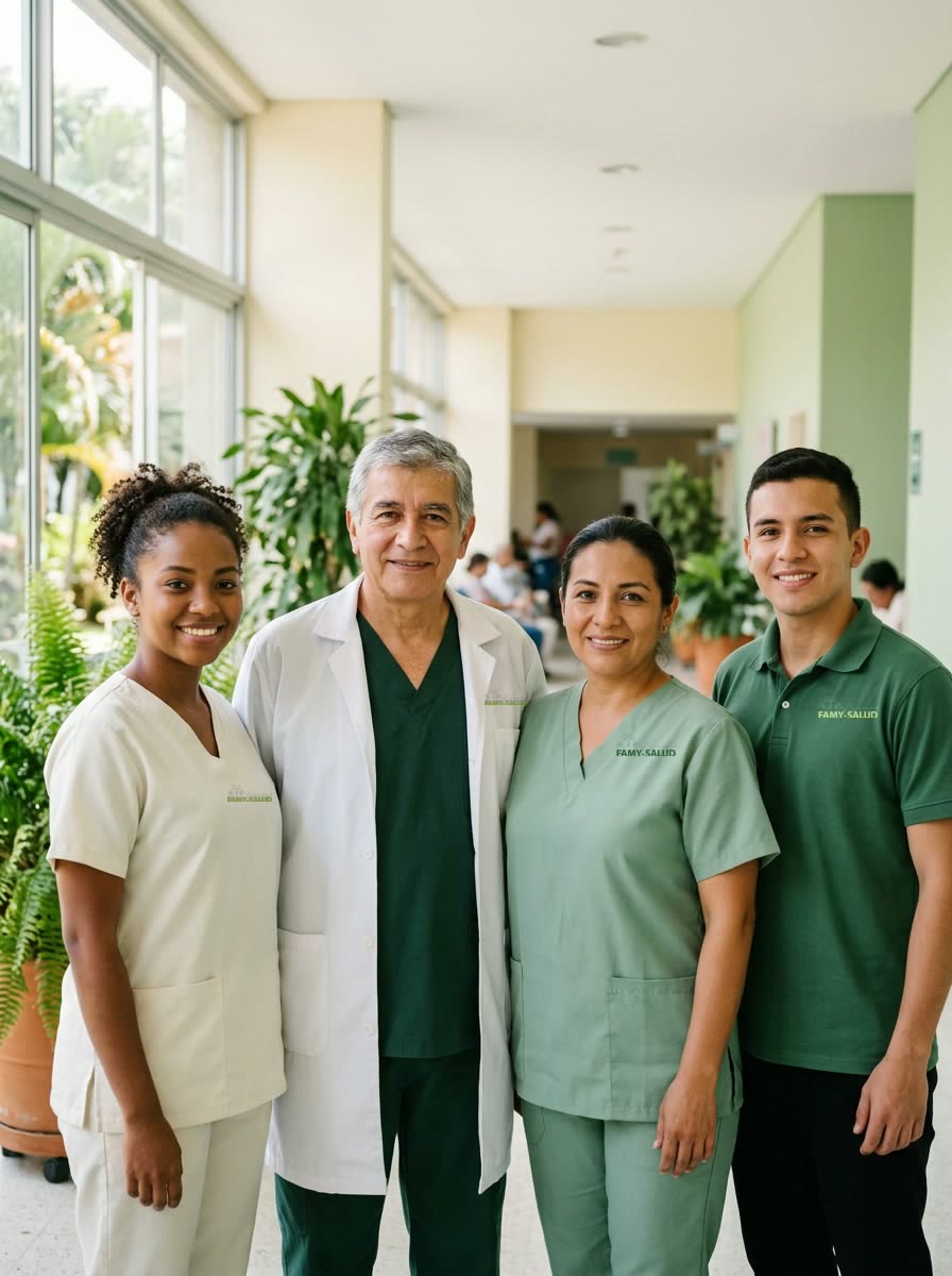 Imagen ilustrativa: cuatro profesionales de la salud con uniformes de Famy Salud en el pasillo de un hospital