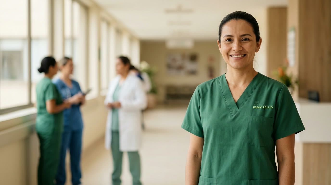 Imagen ilustrativa: enfermera con uniforme de Famy Salud en un pasillo de hospital